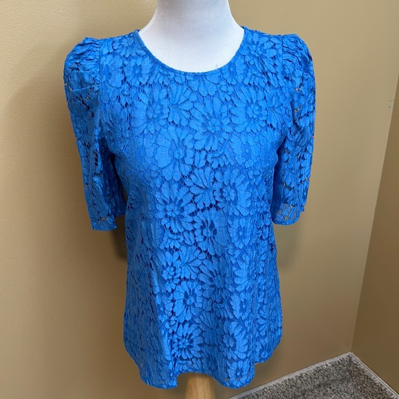 Donating 12/1 - Halogen Lace Overlay Short Puff Sleeve Blouse - Picture 1 of 5